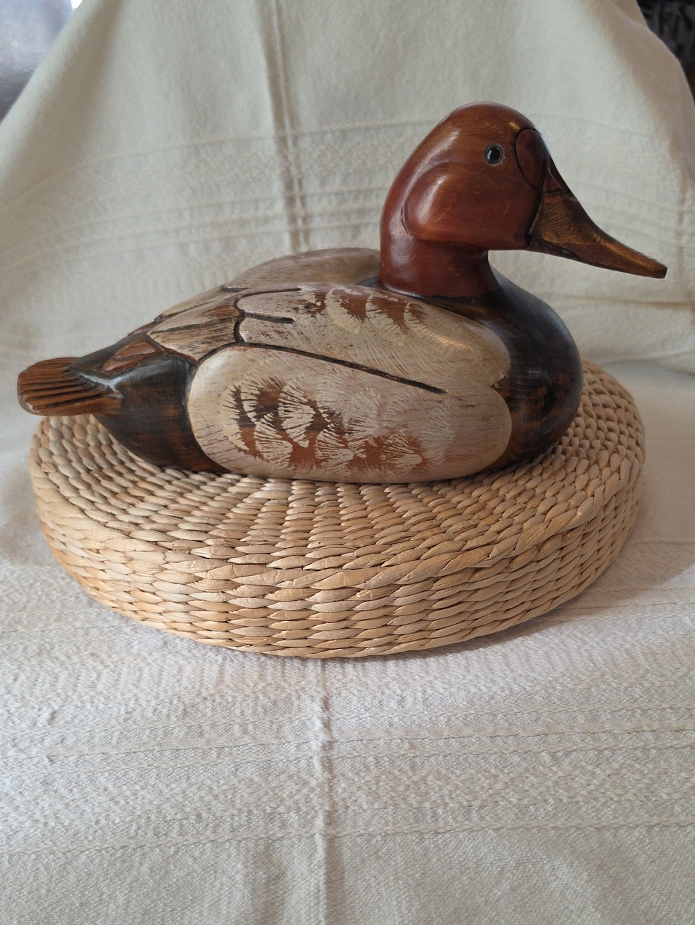 Vintage Rebecca's Creative Wood Carvings Canvasback Duck Decoy Glass Eyes Signed